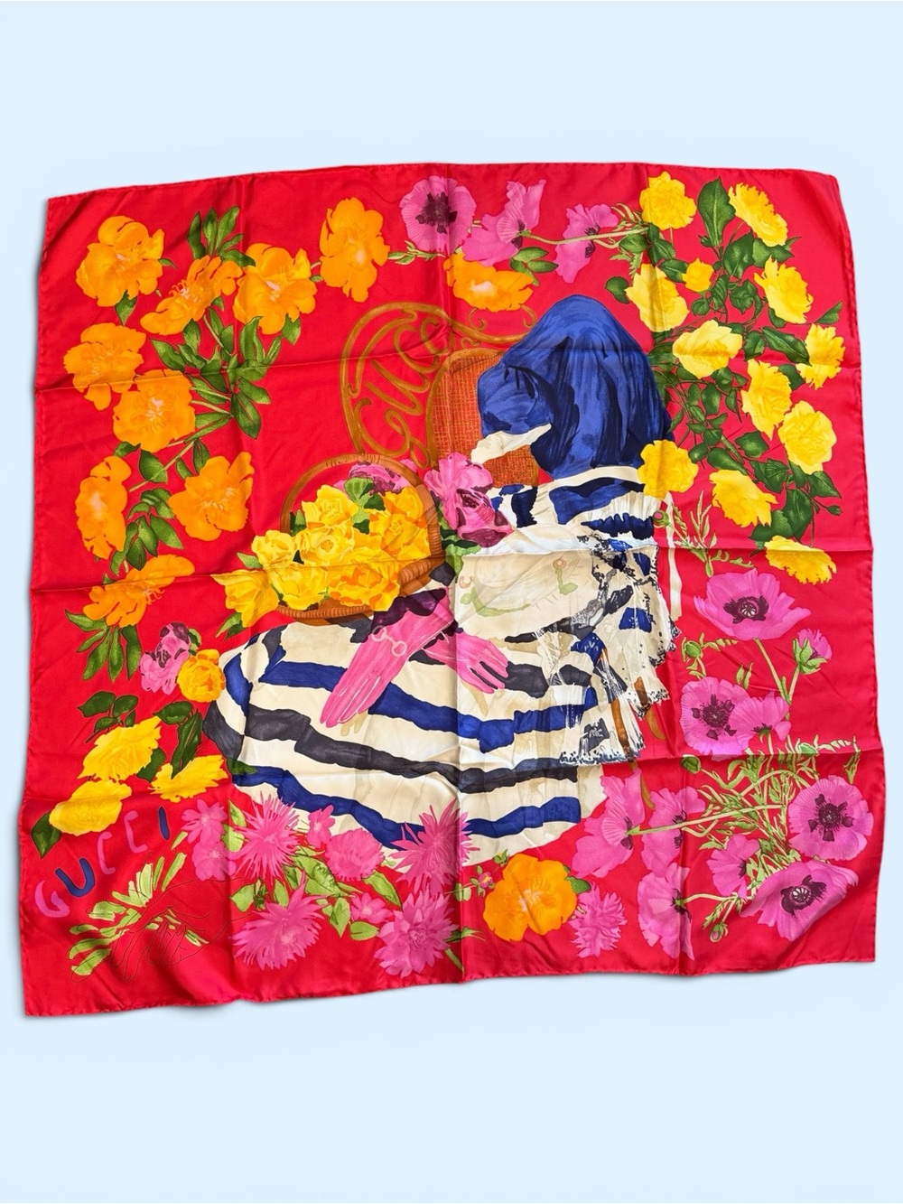 Gucci Red Silk Floral Scarf with Pink and Green Accents